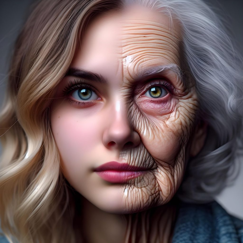 The Truth About Anti-Ageing: What Most Skincare Products Won’t Tell You Split-face portrait of a woman showing half youthful skin and half aged skin with wrinkles, symbolizing the effects of aging and skincare over time