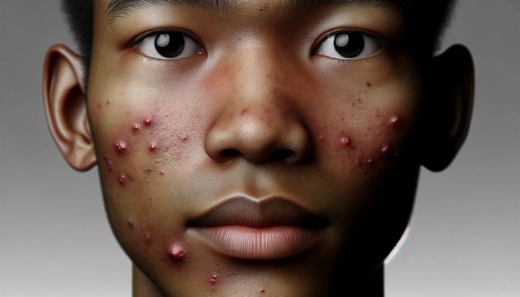 Close-up of acne prone skin on a young face showing inflamed pimples and blemishes